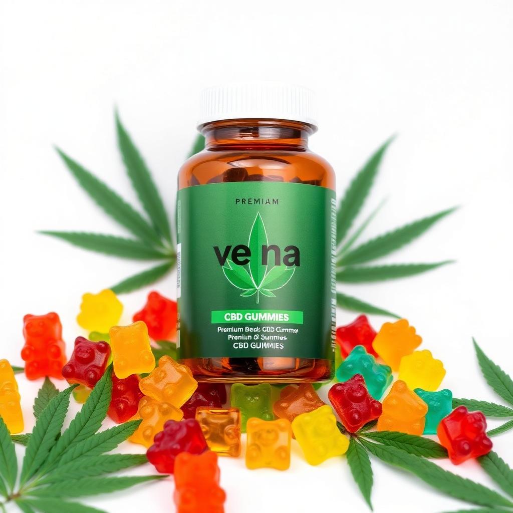 Vena CBD Gummies bottle surrounded by colorful gummies and hemp leaves